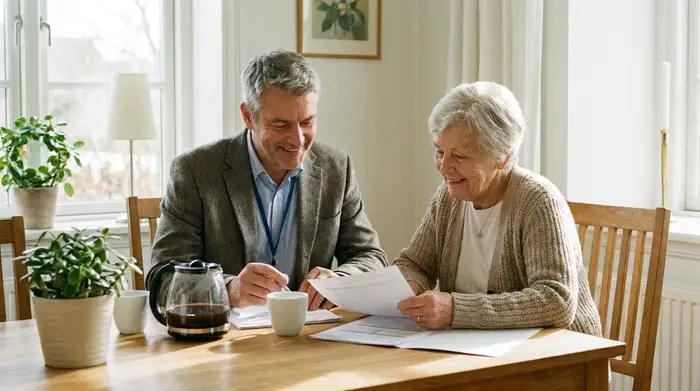Ein freundlicher, professioneller Pflegegutachter mittleren Alters sitzt mit einer älteren Seniorin an einem aufgeräumten Esstisch. Beide schauen gemeinsam und entspannt auf einige Dokumente. Die Stimmung ist ruhig, vertrauensvoll und kooperativ.
