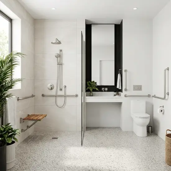 Ein modernes, barrierefreies Badezimmer mit einer bodengleichen Dusche, eleganten und stabilen Haltegriffen an den hellen Wänden sowie einem rutschfesten Boden. Die Umgebung wirkt extrem sicher, sauber und stilvoll.