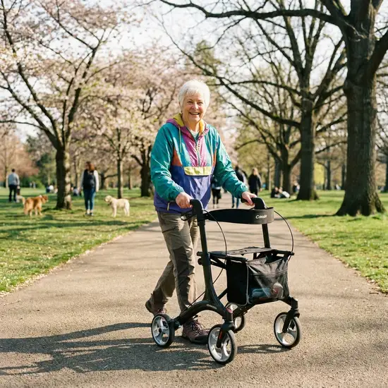 Eine rüstige Seniorin geht mit einem modernen, leichten Rollator sicher durch einen sonnigen, grünen Park. Sie lächelt entspannt und genießt sichtlich die frische Luft und die schmerzfreie Bewegung.