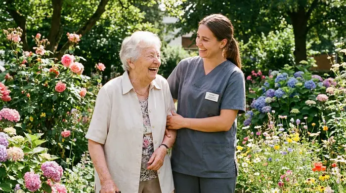 Eine professionelle, freundliche Pflegekraft in dezenter Arbeitskleidung stützt behutsam eine ältere Dame beim gemeinsamen Spaziergang in einem blühenden Garten. Beide lachen fröhlich miteinander, umgeben von bunten Blumen.