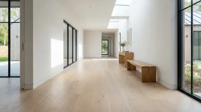 Ein breiter, gut beleuchteter Flur in einem modernen Haus, der komplett frei von Teppichen und Stolperfallen ist. Ein heller Holzboden sorgt für klare, ruhige Strukturen.