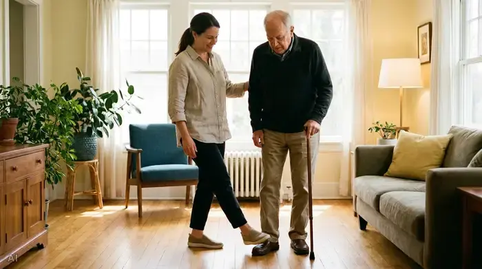 Eine geduldige Frau steht seitlich neben einem älteren Herrn und stellt ihren Fuß sanft quer vor seine Füße, um ihm eine visuelle Schrittmarkierung zu geben. Beide befinden sich in einem freundlichen, hellen Raum.