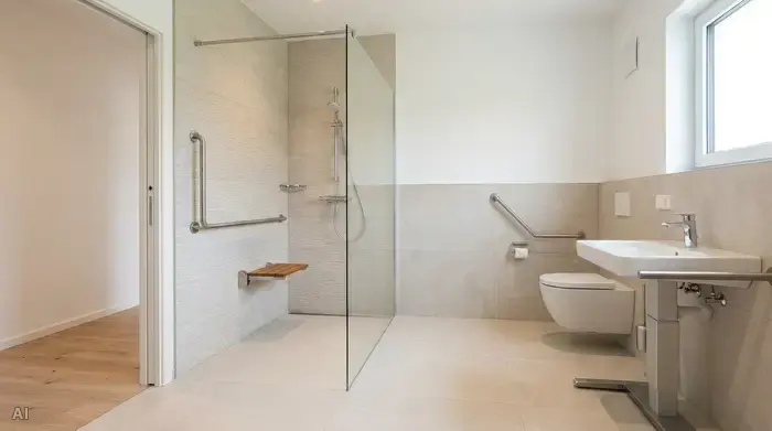 Ein modernes, barrierefreies Badezimmer mit einer bodengleichen Dusche, rutschfesten hellen Fliesen und stabilen, unauffälligen Haltegriffen an den Wänden.