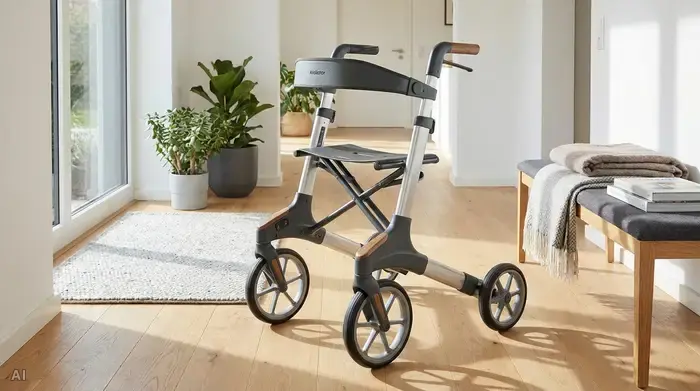 Ein moderner, stabiler Parkinson-Rollator steht einsatzbereit in einem hellen Flur. Das Design ist sicher und funktional, eingebettet in eine wohnliche Umgebung.