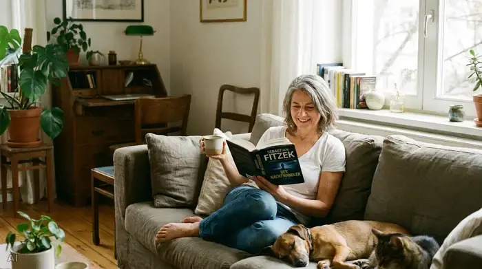 Eine entspannte Frau Mitte fünfzig sitzt gemütlich mit einer Tasse Tee auf einem bequemen Sofa, liest ein Buch und genießt einen ruhigen Moment für sich im sonnendurchfluteten Wohnzimmer.