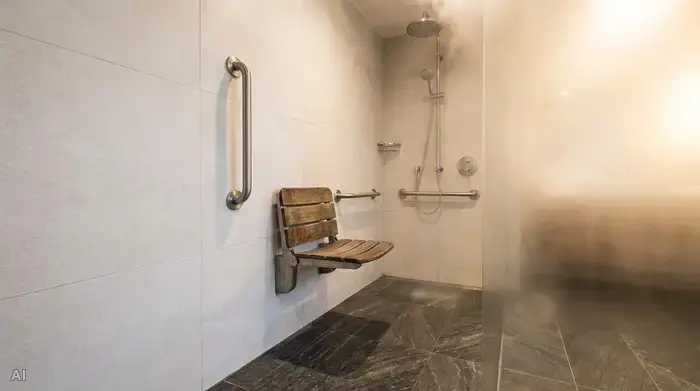 Eine elegante, bodengleiche Dusche mit rutschfesten, strukturierten Bodenfliesen in dunkler Steinoptik. An der hellen Wand ist ein ergonomischer Duschsitz angebracht, flankiert von stabilen, fest verschraubten Haltegriffen aus gebürstetem Edelstahl.
