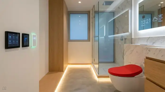 Ein modernes Badezimmer mit intelligentem Lichtdesign. Eine blendfreie LED-Leiste beleuchtet den Boden entlang der Fußleisten sanft. Ein leuchtend roter Toilettensitz hebt sich als starker farblicher Kontrast von der weißen Toilette und den hellen Wänden ab.