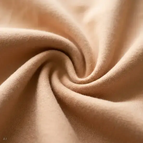 Nahaufnahme eines weichen, dehnbaren Baumwollstoffs in sanftem Beige, der sanft gefaltet ist. Die Textur wirkt besonders glatt und angenehm auf der Haut.