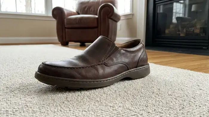 Ein bequemer, stilvoller Slipper-Schuh aus weichem Leder in Dunkelbraun, der auf einem hellen Teppich steht. Der Schuh hat keine Schnürsenkel und eine breite, stabile Sohle.