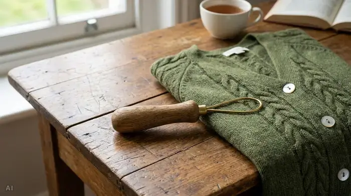 Ein ergonomischer Knöpfhaken mit einem dicken, rutschfesten Holzgriff und einer Drahtschlaufe, der neben einem fein gestrickten Cardigan auf einem Holztisch liegt.