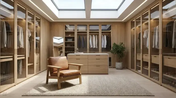 Ein aufgeräumter, gut beleuchteter begehbarer Kleiderschrank. Ein stabiler Holzstuhl mit Armlehnen steht in der Mitte, bereit für das bequeme Anziehen im Sitzen.