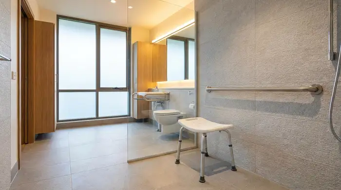 Ein modernes, barrierefreies Badezimmer mit einer großzügigen, bodengleichen Dusche. In der Dusche steht ein stabiler, weißer Duschhocker mit rutschfesten Gummifüßen. An der hellen Fliesenwand ist ein sicherer Haltegriff aus Edelstahl fest montiert.