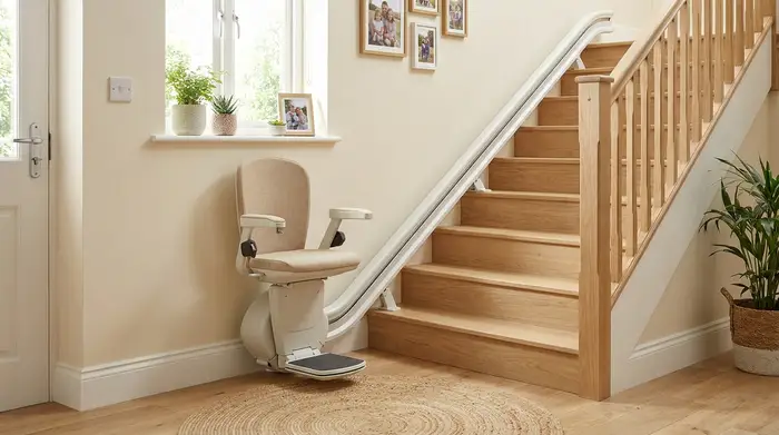 Ein gepflegtes, helles Treppenhaus in einem Einfamilienhaus. Ein moderner Treppenlift mit einem bequemen, beigen Sitz ist sicher an der Wandseite der Treppe installiert und fügt sich harmonisch in das gemütliche Wohnumfeld ein.