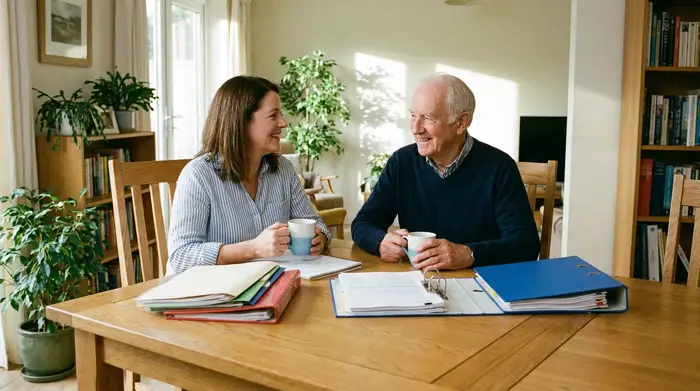 Eine erwachsene Frau und ihr älterer Vater sitzen gemeinsam an einem aufgeräumten Esstisch aus Holz und schauen entspannt auf einige ordentlich sortierte Dokumente. Beide wirken erleichtert, trinken Kaffee und lächeln sich zuversichtlich zu.