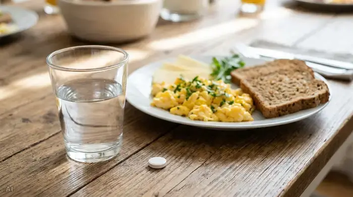 Ein ansprechend gedeckter Esstisch mit einem gesunden Frühstück. Ein Glas stilles Wasser und eine einzelne weiße Tablette liegen auf einem sauberen Holztisch im Vordergrund, deutlich getrennt von einem Teller mit Rührei und Käse im unscharfen Hintergrund.