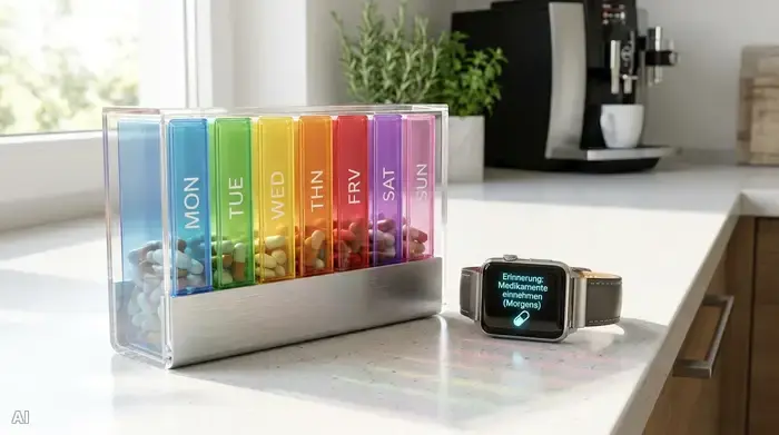 Eine moderne, farblich sortierte Medikamentenbox für eine ganze Woche liegt übersichtlich auf einer hellen Küchenarbeitsplatte. Direkt daneben liegt eine schicke Smartwatch, die durch ein leuchtendes Display an die Einnahme erinnert.