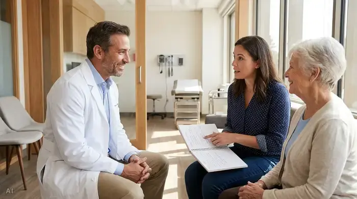 Ein freundlicher, empathischer Arzt im weißen Kittel sitzt im Gespräch mit einer älteren Patientin und deren Tochter in einer modernen Praxis. Die Tochter hält ein kleines Notizbuch in der Hand und bespricht die Aufzeichnungen.