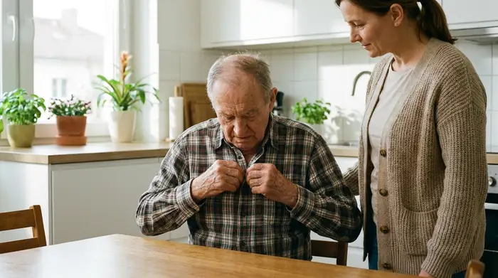 Ein älterer Mann mit grauem Haar sitzt am Esstisch und versucht konzentriert, sein Hemd zuzuknöpfen. Seine Hände wirken angespannt. Eine pflegende Angehörige steht geduldig neben ihm in einer hellen, aufgeräumten Küche.