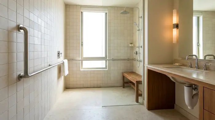 Ein modern eingerichtetes, barrierefreies Badezimmer mit einer großzügigen, ebenerdigen Dusche. Ein stabiler Haltegriff ist an der hell gefliesten Wand angebracht, das Tageslicht sorgt für eine angenehme Atmosphäre.