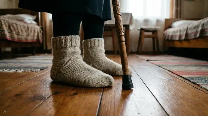 Eine Nahaufnahme der Füße einer älteren Person in dicken, weichen Socken, die vorsichtig auf einem glatten Holzboden steht. Ein eleganter Gehstock stützt die Person, das Licht ist sanft und fokussiert auf die sichere Fortbewegung im eigenen Zuhause.