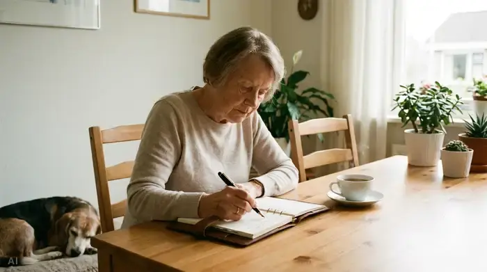 Eine ältere Dame sitzt an einem aufgeräumten Esstisch und schreibt konzentriert mit einem Füllfederhalter in ein hochwertiges Notizbuch. Neben ihr steht eine dampfende Tasse Tee, weiches Tageslicht erhellt den Raum und schafft eine ruhige, fokussierte Stimmung.