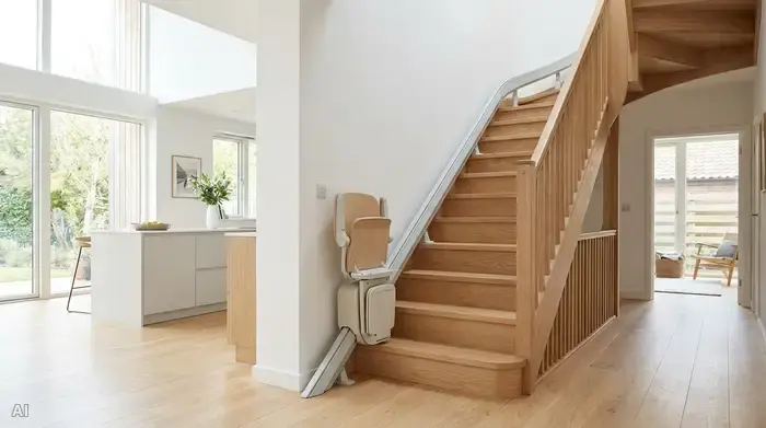 Ein moderner, unauffälliger Treppenlift in einem hellen, stilvollen Einfamilienhaus. Die Treppe besteht aus hellem Holz, der Lift fügt sich harmonisch in die saubere, barrierefreie Umgebung ein, ohne dass Personen im Bild sind.