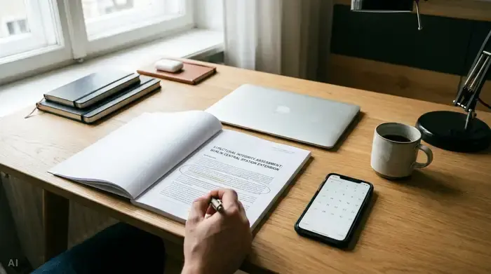 Ein aufgeschlagenes, professionelles Gutachten auf einem modernen Schreibtisch, daneben ein Smartphone und eine Tasse Kaffee. Eine Hand hält einen Stift und markiert gedanklich wichtige Stellen, die Atmosphäre wirkt entschlossen und gut organisiert.