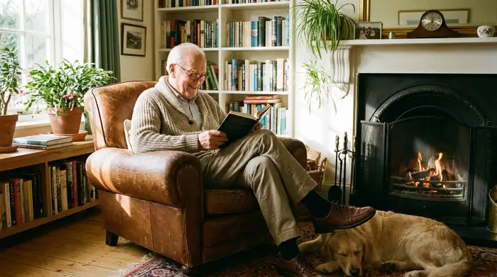 Ein älterer Mann sitzt entspannt in einem komfortablen Sessel in einem hellen, gemütlichen Wohnzimmer und liest ein Buch. Die Atmosphäre ist ruhig und sicher.
