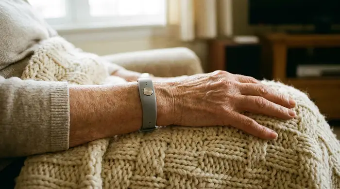 Das Handgelenk einer älteren Person, die ein unauffälliges, modernes Hausnotruf-Armband trägt. Die Hand ruht entspannt auf einer weichen Kuscheldecke, weiches Tageslicht fällt ins Zimmer.