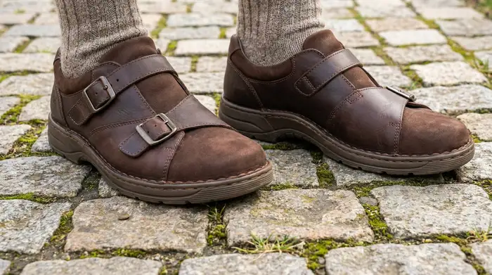Eine Nahaufnahme von bequemen, hochwertigen orthopädischen Schuhen an den Füßen einer Person, die stabil auf einem sauberen, gepflasterten Gehweg steht.