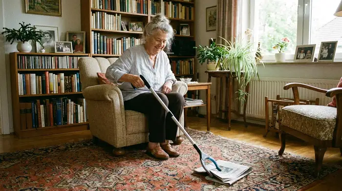 Eine freundliche ältere Dame sitzt im Wohnzimmer und nutzt geschickt eine ergonomische Greifzange, um mühelos eine Zeitung vom Teppichboden aufzuheben.