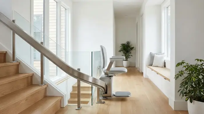 Ein moderner, elegant geschwungener Treppenlift in einem hellen, aufgeräumten Flur eines Einfamilienhauses, der Sicherheit und Barrierefreiheit ausstrahlt.