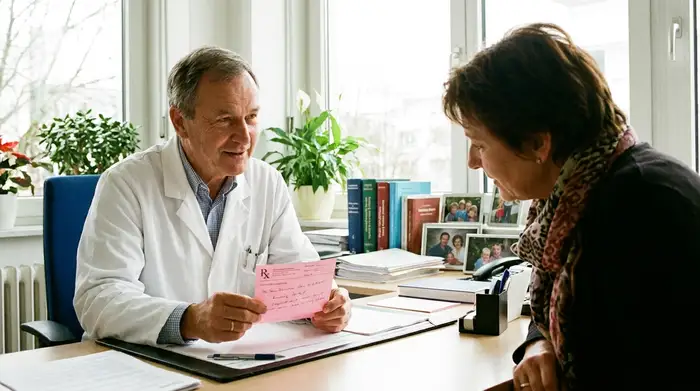 Ein empathischer Arzt in weißem Kittel sitzt an seinem Schreibtisch in einer hellen Praxis und bespricht ein rosafarbenes Rezept mit einer aufmerksamen Patientin.