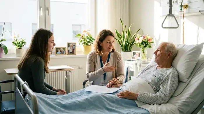 Eine fürsorgliche Sozialarbeiterin sitzt im hellen Krankenzimmer am Bett eines älteren männlichen Patienten und bespricht mit ihm und seiner Tochter einfühlsam die nächsten Schritte für die Pflege zu Hause.