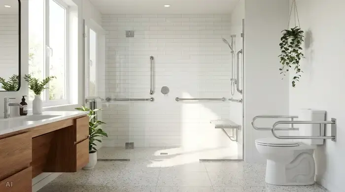 Ein modernes, helles und barrierefreies Badezimmer mit einer großzügigen, bodengleichen Dusche, stabilen verchromten Haltegriffen an den Wänden und einem komfortablen, rutschfesten Duschsitz.