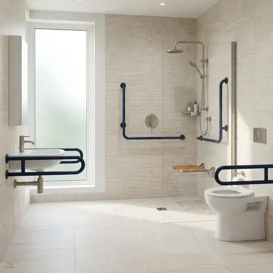 Ein modernes, barrierefreies Badezimmer mit einer bodengleichen Walk-in-Dusche, hellen rutschfesten Fliesen und dunkelblauen Haltegriffen, die sich deutlich vom Hintergrund abheben.