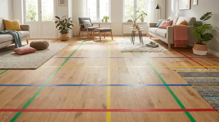 Ein heller Holzboden in einem Wohnzimmer, auf dem farbige, gut sichtbare Klebestreifen im gleichmäßigen Abstand quer zur Laufrichtung angebracht sind.
