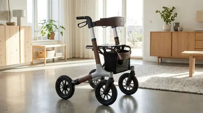 Ein moderner, stabiler Rollator steht sicher auf einem glatten Boden in einem hellen Wohnraum, bereit zur Nutzung.