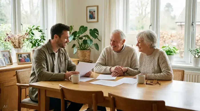 Ein freundlicher Pflegeberater sitzt gemeinsam mit einem älteren Ehepaar an einem hellen Esstisch und bespricht geduldig Dokumente. Die Atmosphäre ist vertrauensvoll und unterstützend.