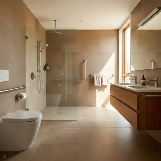 Ein modernes, helles und barrierefreies Badezimmer mit einer großzügigen, bodengleichen Dusche. An den Wänden sind unauffällige, elegante Haltegriffe montiert. Rutschfeste, matte Fliesen in warmen Erdtönen.