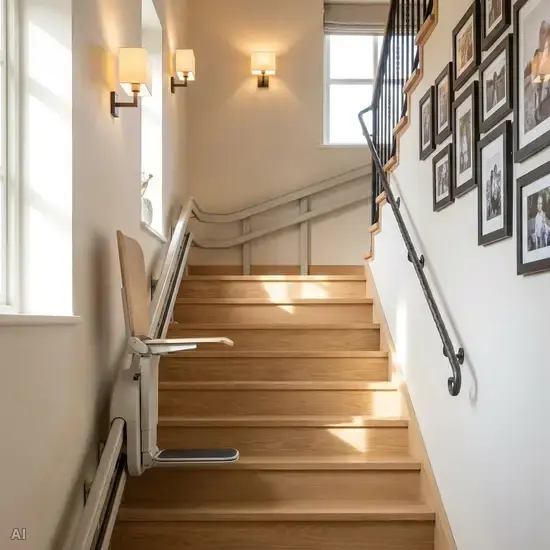 Eine saubere, gut ausgeleuchtete Holztreppe in einem gemütlichen Zuhause, ausgestattet mit einem modernen, unauffälligen Treppenlift. Der Sitz ist sicher an der Wandseite befestigt.