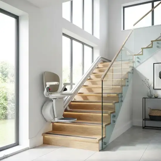 Ein moderner, heller Treppenaufgang in einem sauberen Einfamilienhaus. Ein eleganter Sitz-Treppenlift ist an der Wand montiert. Sichere, gut ausgeleuchtete Stufen mit rutschfesten Kanten.