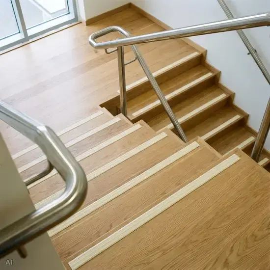 Nahaufnahme einer sauberen Holztreppe mit hellen, stark kontrastierenden Anti-Rutsch-Streifen an den Stufenkanten. Beidseitige, ergonomische Handläufe aus glänzendem Edelstahl.