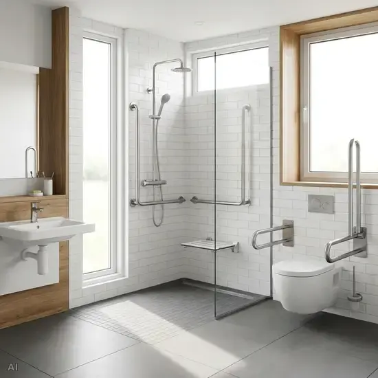 Ein helles, barrierefreies Badezimmer mit einer großzügigen, bodengleichen Walk-in-Dusche. An den Wänden sind stabile, fest verschraubte Haltegriffe aus Edelstahl montiert. Rutschfeste, matte Bodenfliesen.