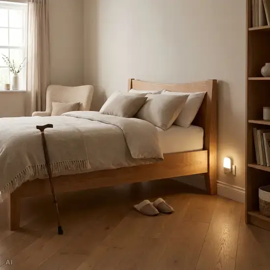 Ein aufgeräumtes Schlafzimmer mit einem komfortablen Seniorenbett in bequemer Komforthöhe. Ein dezentes, automatisches Nachtlicht in der Steckdose beleuchtet sanft den Holzboden neben dem Bett.