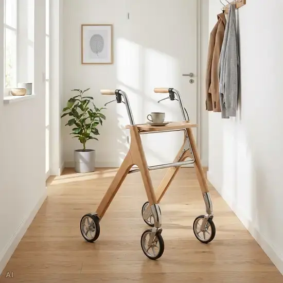 Ein eleganter, schmaler Indoor-Rollator steht griffbereit in einem aufgeräumten, freundlichen Flur ohne Teppiche. Auf dem kleinen Tablett des Rollators steht eine Kaffeetasse.