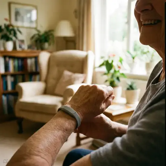 Ein älterer, lächelnder Mensch trägt ein unauffälliges, modernes Hausnotruf-Armband am Handgelenk. Warme Lichtstimmung, ein gemütliches Wohnzimmer ist im Hintergrund zu erkennen.