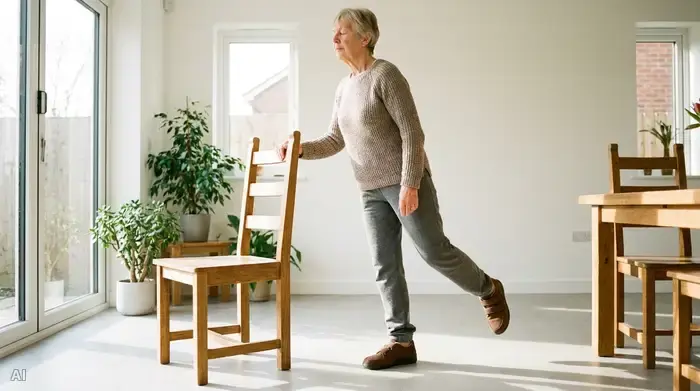 Eine ältere Dame macht in einem hellen, aufgeräumten Raum konzentriert Gleichgewichtsübungen. Sie stützt sich leicht an einer stabilen Stuhllehne ab. Sie trägt fest geschlossene, bequeme Hausschuhe.