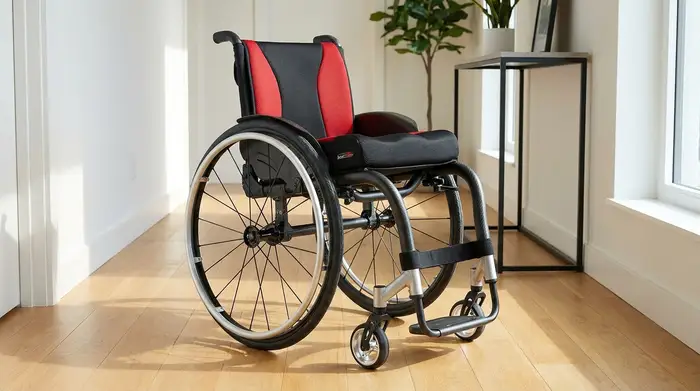 Ein moderner, leichter Aktivrollstuhl steht auf einem glatten Holzboden in einem aufgeräumten Flur. Das Design ist sportlich und elegant, mit großen Rädern und bequemer Sitzfläche.