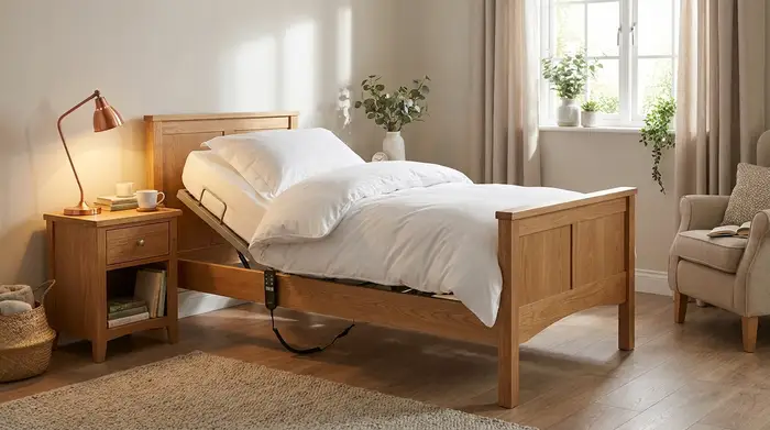 Ein gemütlich eingerichtetes Schlafzimmer mit einem modernen, elektrisch verstellbaren Pflegebett, das optisch wie ein normales Holzbett wirkt. Frische weiße Bettwäsche und ein Nachttisch mit einer Leselampe runden das Bild ab.